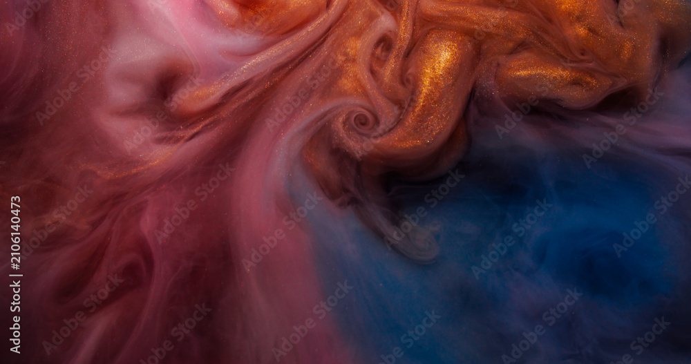 Fototapeta premium Glitter paint swirl. Haze spread. Liquid dye stream curl colorful texture. Mystic art fluid defocused round flow abstract background.