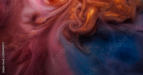 Glitter paint swirl. Haze spread. Liquid dye stream curl colorful texture. Mystic art fluid defocused round flow abstract background.