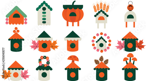 Set of cute autumn birdhouse icons with leaves and pumpkins