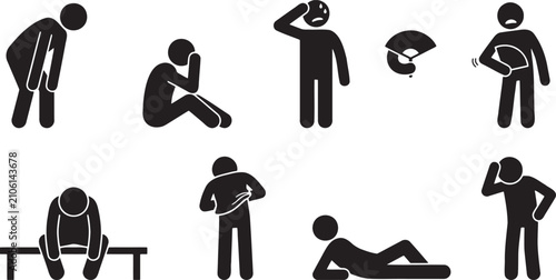 Tired and heat stroke stick figures dehydration illness silhouettes