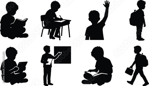 Set of black silhouettes featuring school children in various educational, classroom, and studying poses