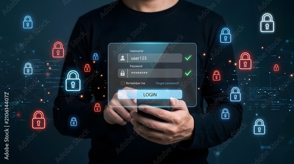 Fototapeta premium Person holding a smartphone with a holographic login screen and floating red and blue padlock representing cybersecurity and digital account protection