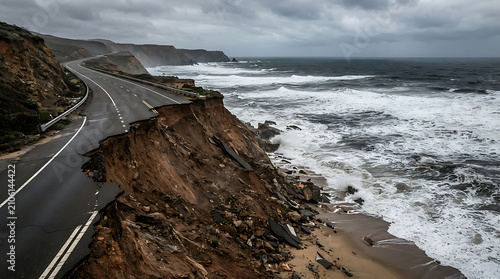 Coastal road collapsing into ocean after heavy storm damaging infrastructure and landscape.