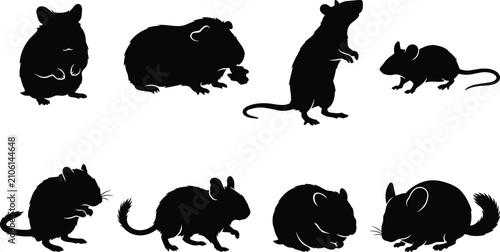 Foto Set of black silhouettes featuring various small rodents including hamsters, mic