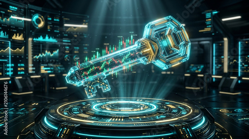 Digital holographic key featuring stock market candlestick charts and financial data points floating over a circular high-tech interface in a futuristic dark command center server room.