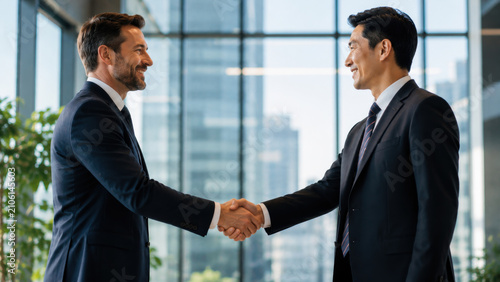 Business handshake partnership agreement businessman suit office meeting, two male executives smiling while sealing deal in modern glass workplace with city skyline background