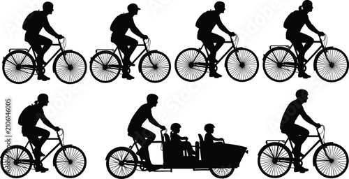 Foto Silhouette illustrations of cyclists riding bicycles including cargo bike family