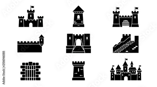 Black silhouettes of various castles.