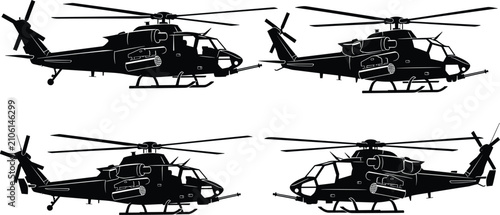 Obraz na płótnie Silhouette illustrations of military attack helicopters with weapons and rotors