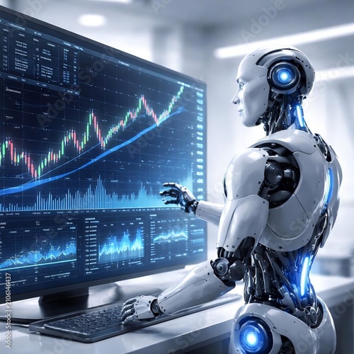 AI Robot Analyzing Stock Market Financial Trading Data on Screen
