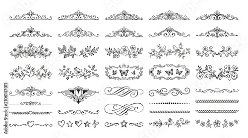 Collection of Elegant Hand Drawn Decorative Flourishes and Floral Ornaments for Vintage Wedding Stationery and Calligraphic Page Dividers