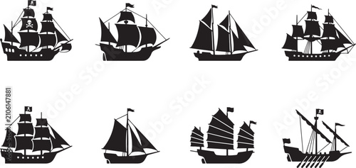Schilderij op canvas Historic naval sailing ships pirate galleons and traditional junk vessels