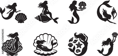 Mythical mermaid silhouettes with seashell and pearl accessories