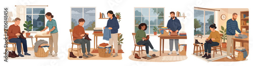 Illustration set of people performing household chores including folding laundry and cleaning shoes at home