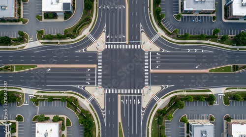 Aerial view of empty multi-lane city road intersection