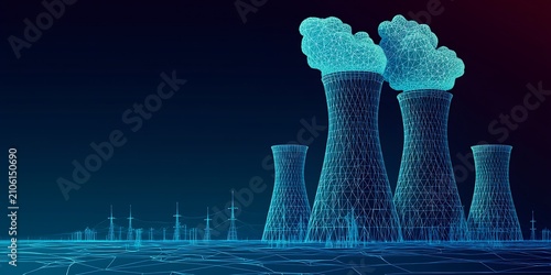 Wireframe cooling towers emitting steam against dark background with technological grid.