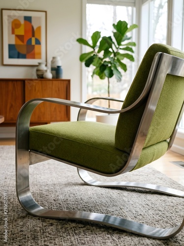 Mid-Century Modern Green Cantilever Chair with Chrome Frame in Living Room