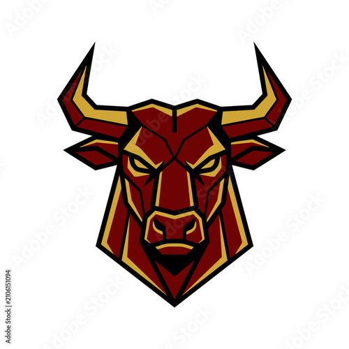 Photography Stylized red bull head logo with yellow horns.