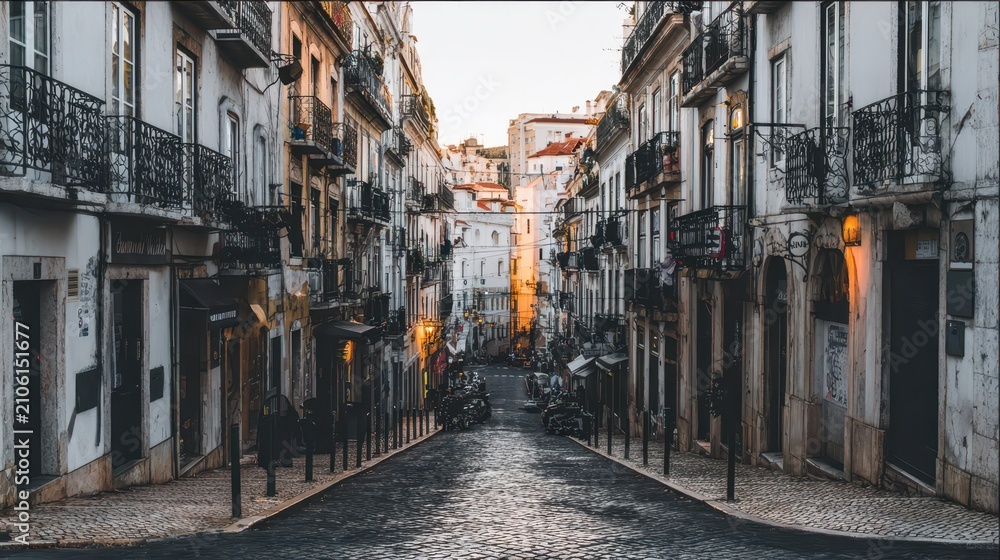 Fototapeta premium Cobblestone street lined with historic buildings.