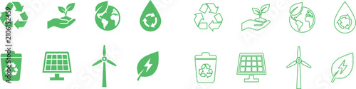 Eco Green Energy Icon Set Solid and Outline Recycle Solar Wind Turbine Sustainability Environment Vector Design