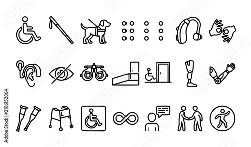 Accessibility and disability awareness line icon set vector