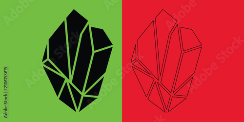 Abstract geometric fragmented crystal shape in solid black and outline on split green and red backgrounds
