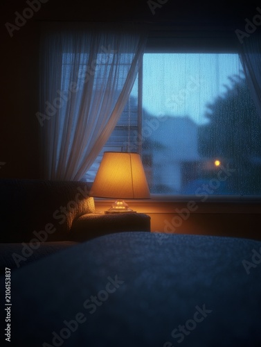 Cinematic 1990s American suburban living room at blue hour with warm table lamp, couch foreground, soft amber glow on fabric, cool rainy dusk outside, shallow depth, quiet domestic realism