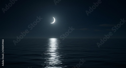 漆黒の夜空に浮かぶ眩い三日月が広大で穏やかな海面に銀色の光の道を優雅に描き出す神秘的な情景静寂に包まれた波立つ水面が幻想的な輝きを放ち心を奪う壮大な風景が広がる. AI Generated