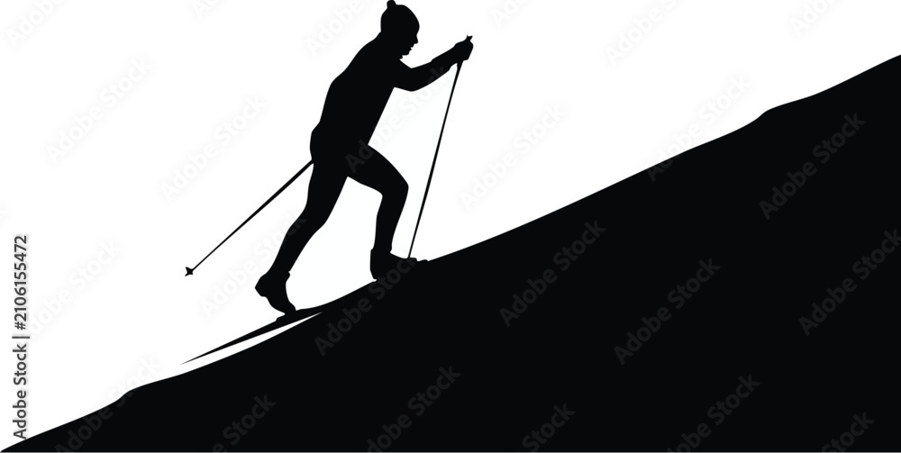 Fototapeta premium Skier silhouette climbs a steep snowy mountain slope using cross country poles while moving forward in a determined winter sport exercise session.