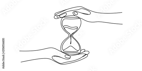 Obraz na plátne Continuous single line drawing of human hands holding a classic hourglass repres