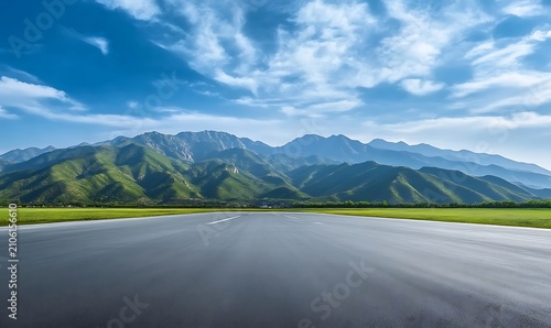 Empty asphalt road leading towards green mountains, blue sky with scattered clouds, bright daylight.