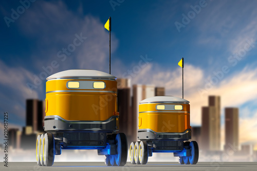 Autonomous Logistics. Self-driving delivery robots operate in an urban environment, providing last mile transport, smart city distribution and automated courier services  3D image