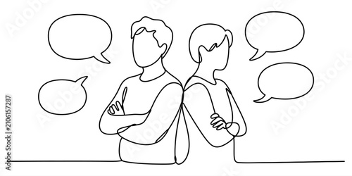 Bild auf Leinwand Man and woman standing back to back with empty speech bubbles in a continuous li