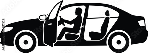 Car with open door and driver inside, silhouette of sedan vehicle, person sitting in car, automotive transport, driver, travel.