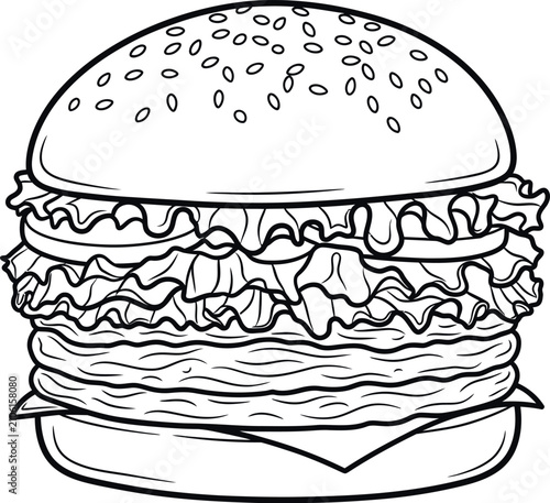 Hand drawn line art sketch of a delicious cheeseburger
