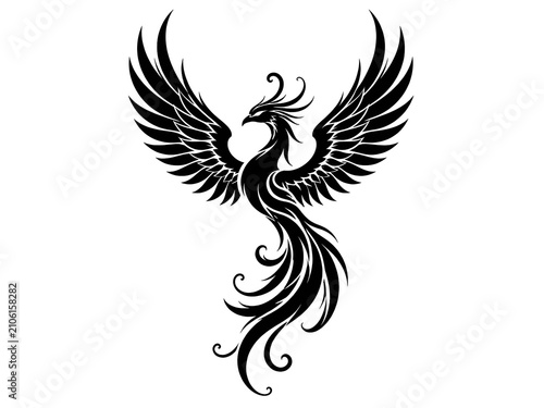 Mythical phoenix bird flying black tribal silhouette