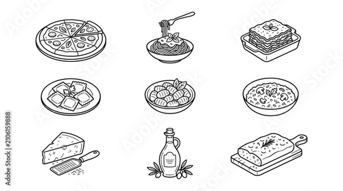 Comfort Food Icon Set – Pizza, Cake, Waffle and Cheese Line Icons
Comfort food icon set featuring pizza, cake, waffle, cheese and drink line icons. Perfect for restaurant, bakery, food blog and culina