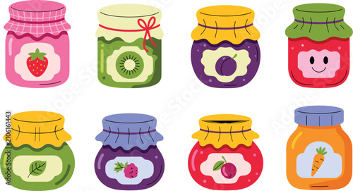 Colorful fruit jam jar collection, homemade preserves for kitchen, grocery and food illustration designs vector