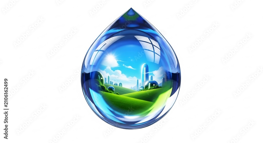 Obraz premium 透明に輝く貴重な一滴の水に宿る未来都市のビジョン 澄み切った青空の下 緑豊かな大地に立つ近代的なビル群が調和し 環境と共生する持続可能な地球を象徴する美しい光景 豊かな光が差す. AI Generated