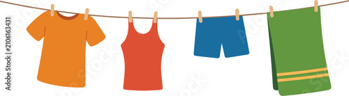 Hanging laundry clothes illustration, household washing garments for cleaning, drying and domestic lifestyle design 