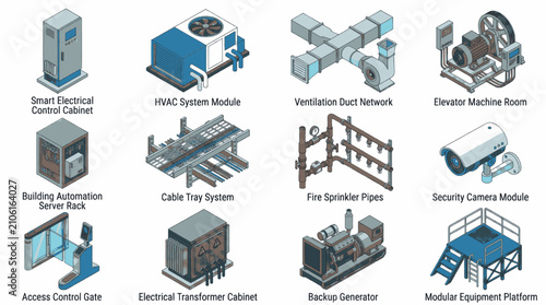 Foto Set of isometric industrial and building automation equipment icons for smart facility management
