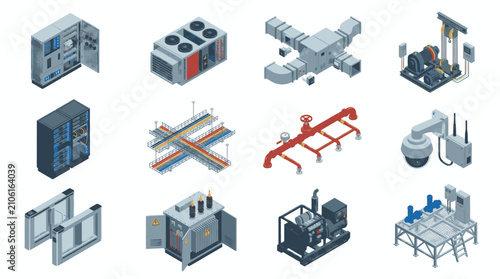Billede på lærred Set of isometric industrial equipment and engineering infrastructure elements for factory and building systems