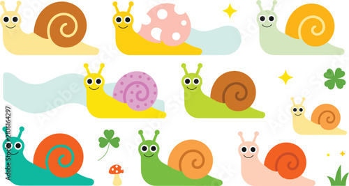 Slika na platnu Cute Cartoon Snail Collection with Colorful Garden Characters, Funny Mollusks, N