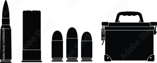 Ammunition and Military Ammo Can Silhouette Icons Set with Bullets Shotgun Shell Vectors