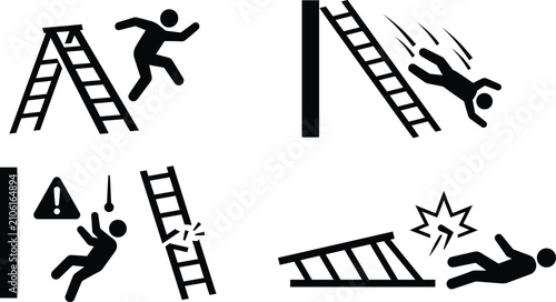 Foto Ladder Fall Accident and Workplace Hazard Safety Silhouette Icons Set for Constr