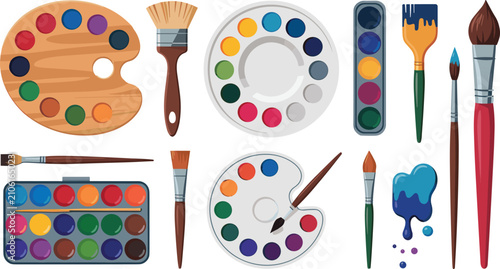 Artist Paint Palette Collection with Watercolor Sets, Paintbrushes, Creative Art Supplies, and Painting Tools Vector Illustration Set