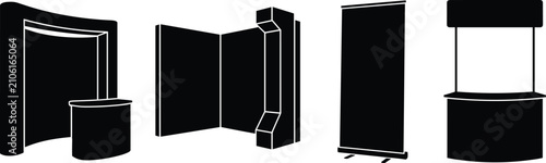 Exhibition Trade Show Booth and Roll Up Banner Silhouette Icons Set Template