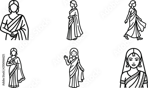 Foto Indian Woman Wearing Traditional Saree Avatar Icon Set Featuring South Asian Eth