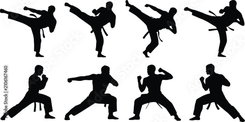 Bild auf Leinwand Karate martial arts silhouettes performing high kicks, punching stances, defensi