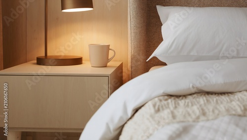 Light wood nightstand with brass lamp and bed with white pillows